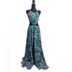 Tropical Print Cut Out, Crisscrossed Back, Split Thigh Maxi Dress
